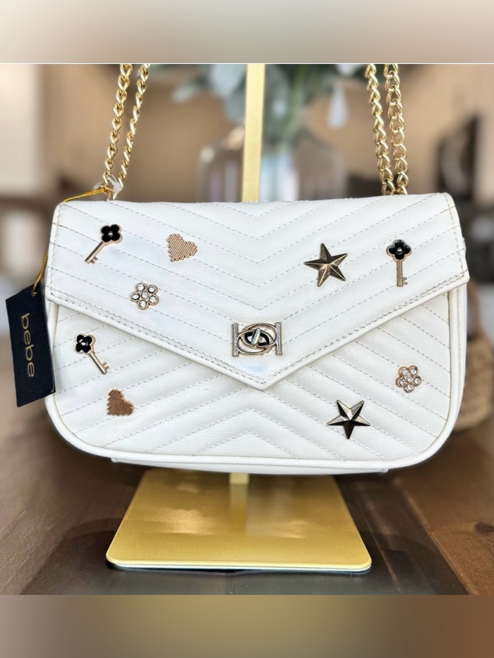Bebe White Quilted Shoulder Bag with Gold Accents